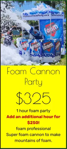 Foam Cannon Party $325 1 hour foam party Add an additional hour for $250! foam professional Super foam cannon to make mountains of foam.